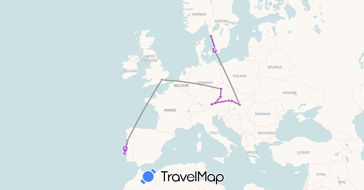 TravelMap itinerary: plane, train, boat in Austria, Czech Republic, Denmark, United Kingdom, Hungary, Portugal, Sweden, Slovakia (Europe)